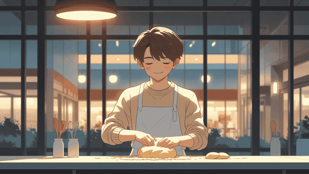 清潔感のある大学生の男性が、夜の料理教室でパン作りに集中している様子。柔らかい笑顔と手元の動きが魅力的なイラスト。