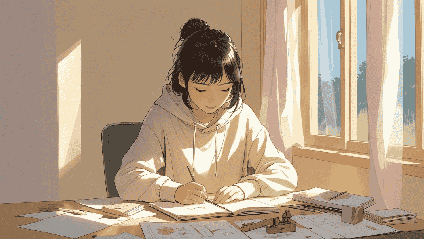 普段着で趣味に夢中になっているイラスト。部屋に静かに風が吹き、穏やかな集中が感じられる構図。