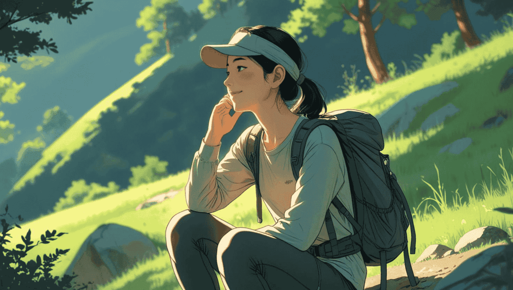 朝の光が差し込む森林の登山道で、女性が少し汗をにじませながら横顔で静かに微笑んでいる、膝から上の構図。