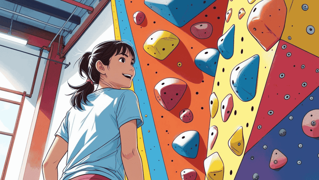 ボルダリングジムで壁にぶら下がりながら、次のルートを見上げる17歳の日本人女性。明るい昼間の屋内。