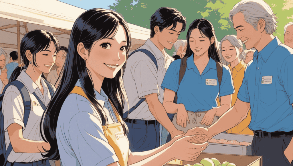 地域イベントで来場者と接しながら、魅力的な笑顔を見せる20代前半の日本人女性ボランティア。