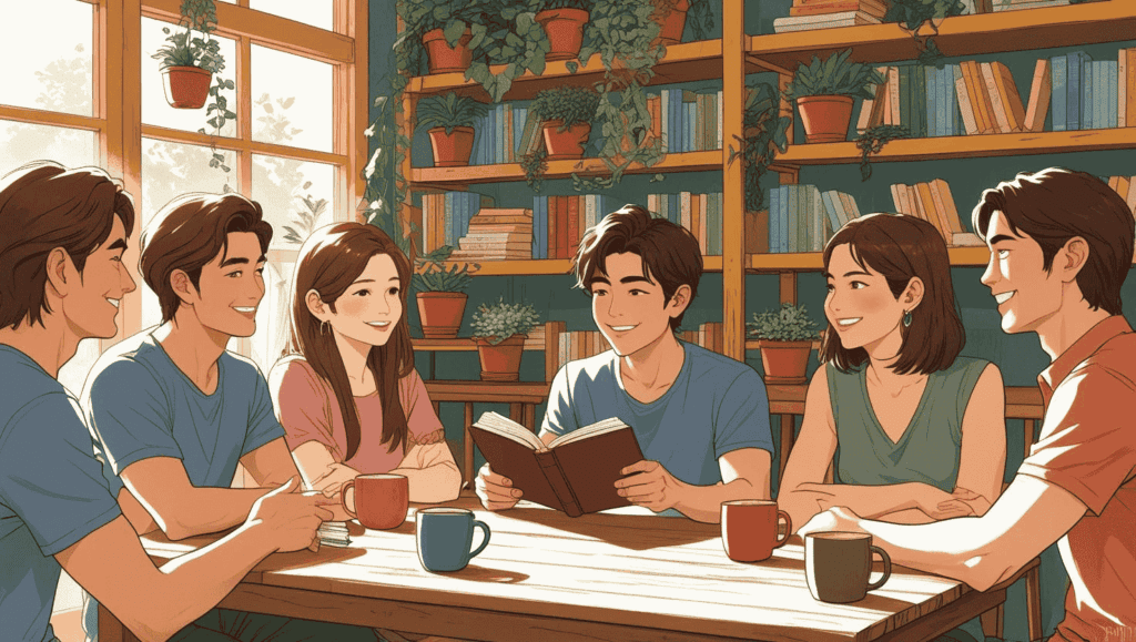 カフェで笑顔を交えながら読書会を楽しむ、可愛らしい雰囲気の20代日本人男性。