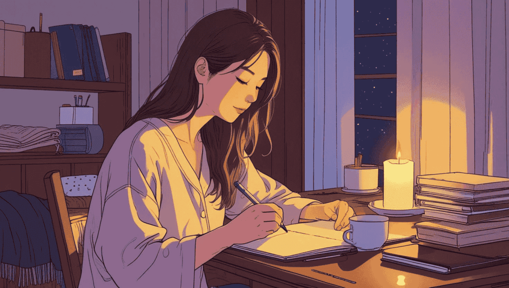 静かな朝の光が差し込む部屋で、部屋着の女性が手帳に向き合っている。コーヒーと本、植物が並ぶ穏やかな空間。