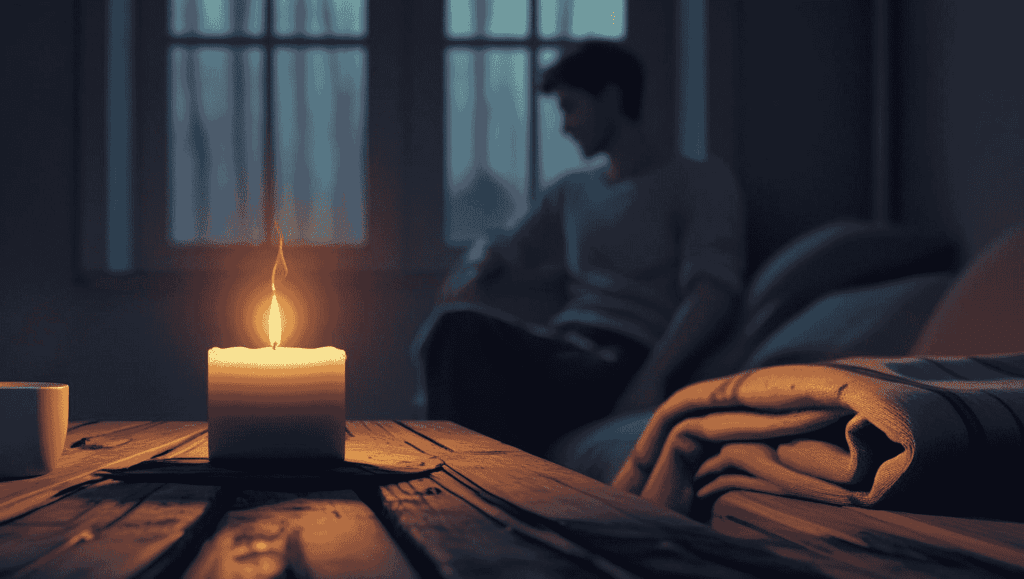 暗めの部屋で、幻想的にゆらめくキャンドルの灯りが並ぶ。奥にぼんやりと佇む男性のシルエット。