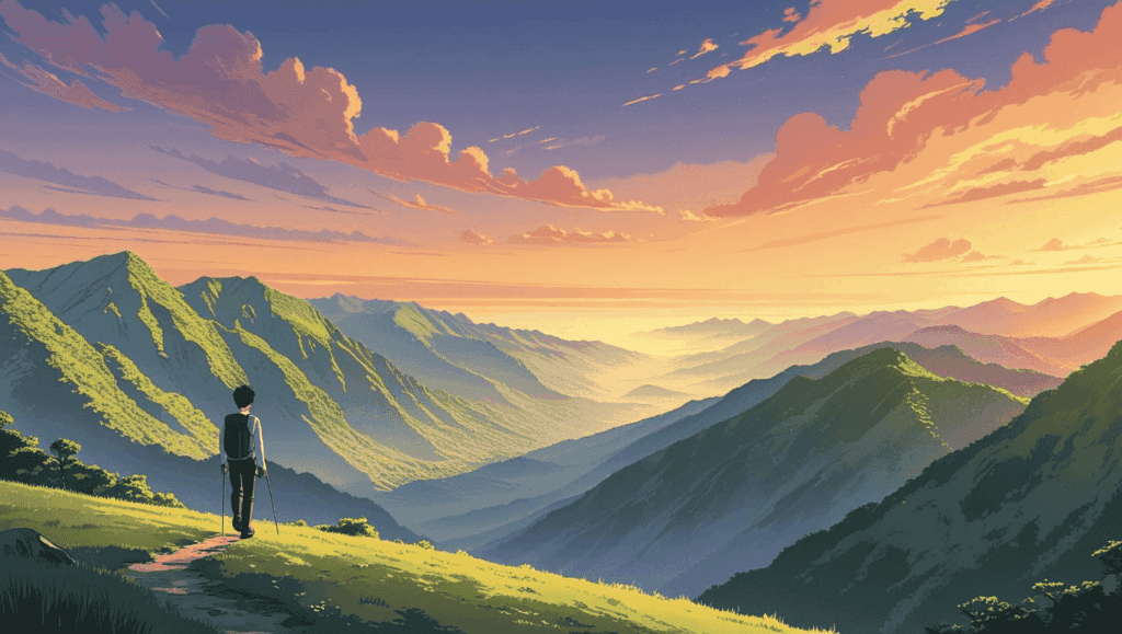 魅力的な若い男性登山者が、朝焼けの山頂で広がる空を静かに見つめているイラスト