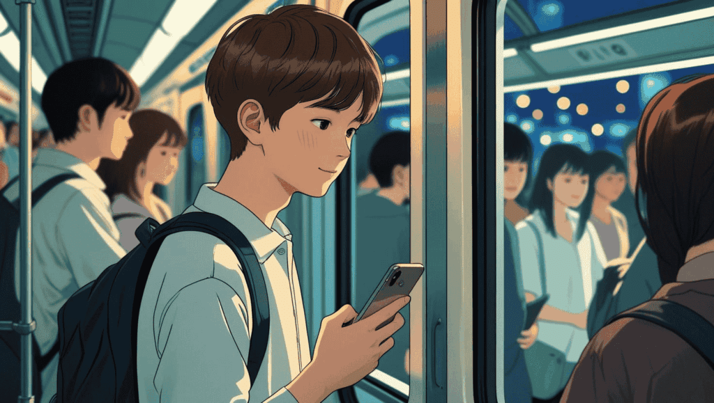 帰宅途中の電車の中、ドアにもたれて外を見つめる中学生男子。読書の余韻にひたる静かな表情のイラスト。