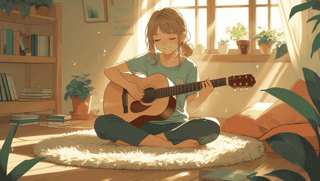 自宅の部屋でギターのコード練習をしながら、ふと笑顔を見せる中学生の女の子のイラスト。