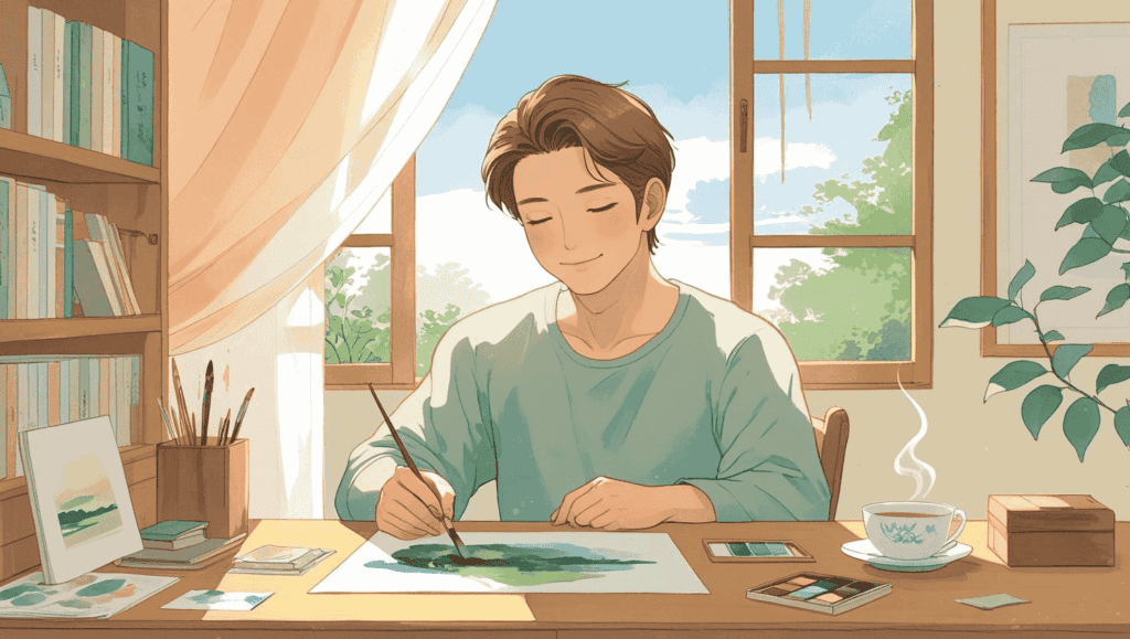 窓からそよ風が入る静かな部屋で、水彩画に集中する40代のやさしい雰囲気の男性。カーテンや紙が風に揺れている。