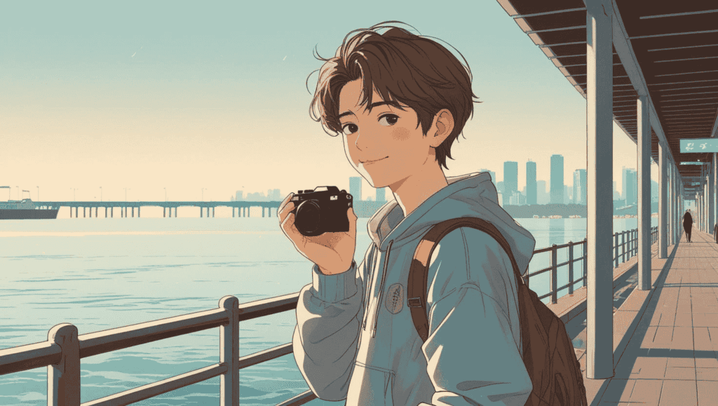 17歳の男の子が都市の海辺をカメラを持って歩きながら、微笑んでいるイラスト。午前中の光に包まれた、ノスタルジックでワクワクするシーン。
