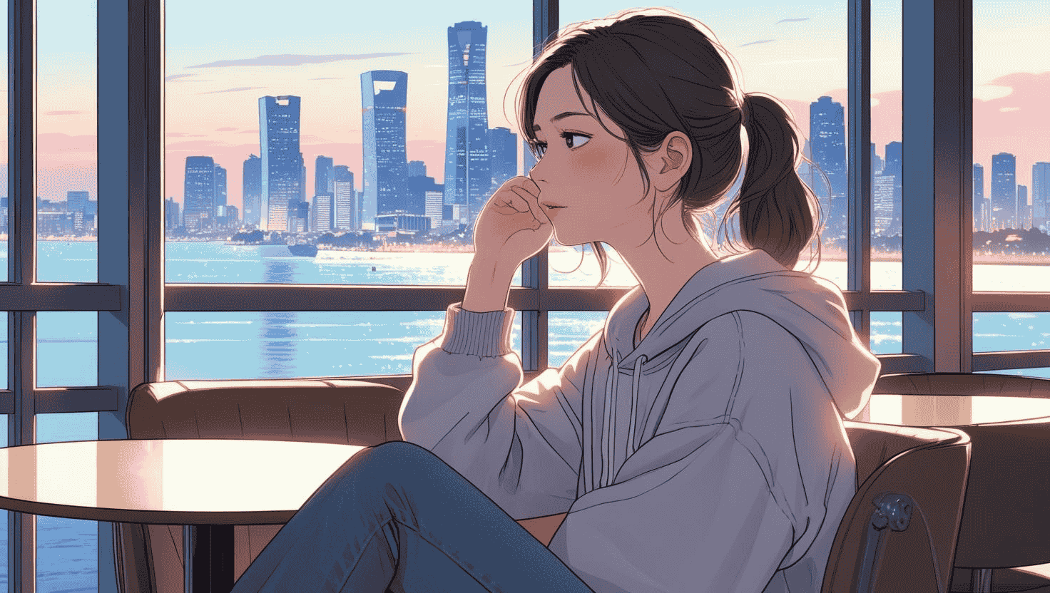 夕暮れの自然の中で、新しい趣味に踏み出そうとしている人物のシルエット。変化のはじまりを感じさせる情景。