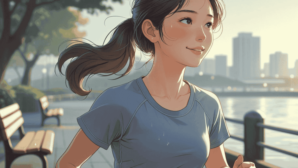 朝の海辺の公園を、汗をうっすらにじませながら爽やかな笑顔でランニングしている女性。腰から上の構図で、背景に港の風景がぼんやりと映っている。