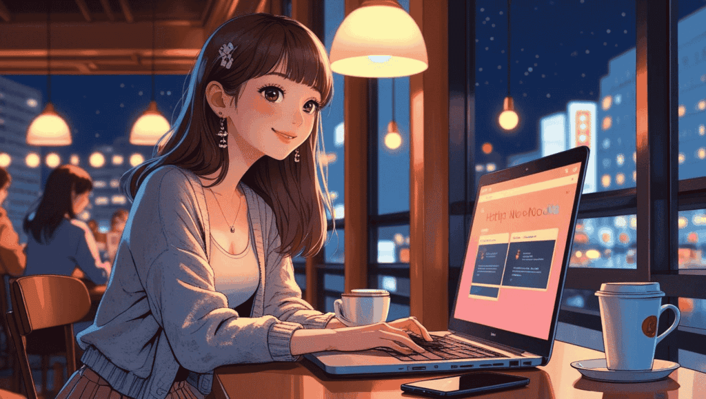 夜のカフェでひときわ目を引く可愛らしい日本人女性が、ノーコード開発に夢中になりながら微笑んでいる。
