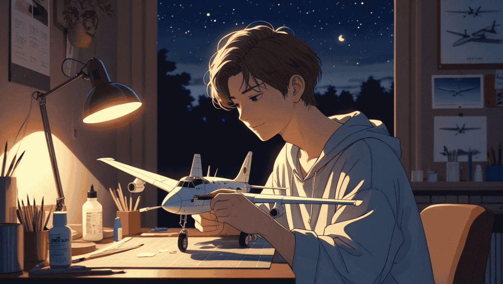 夜の自室で、日本人男子が飛行機模型を丁寧に仕上げている。集中した表情と手元の繊細な作業が印象的なシーン。