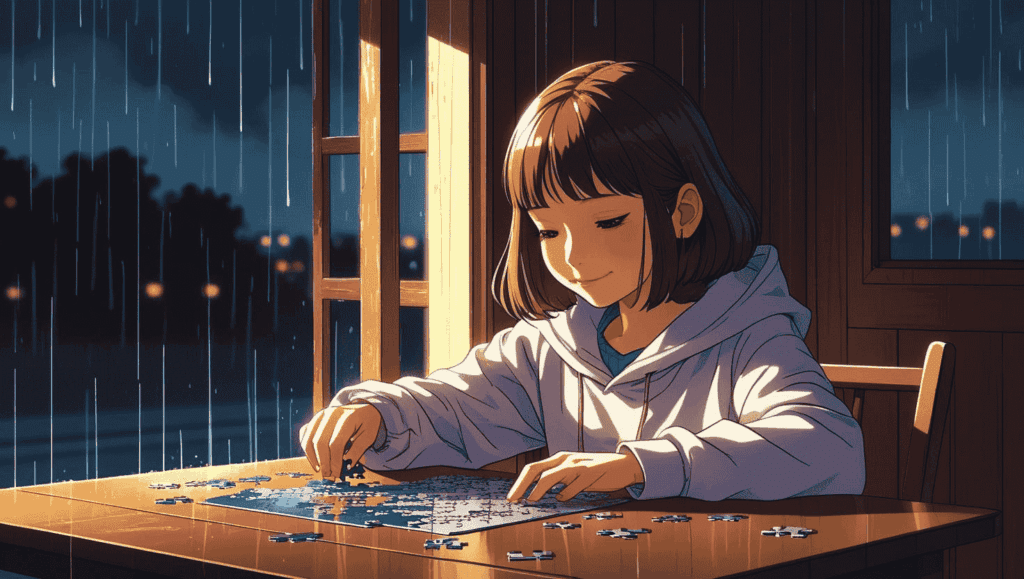 雨の夜、自室でジグソーパズルに静かに集中する中学生の女の子。あたたかい照明のもと、魅力的な表情で没頭しているイラスト。