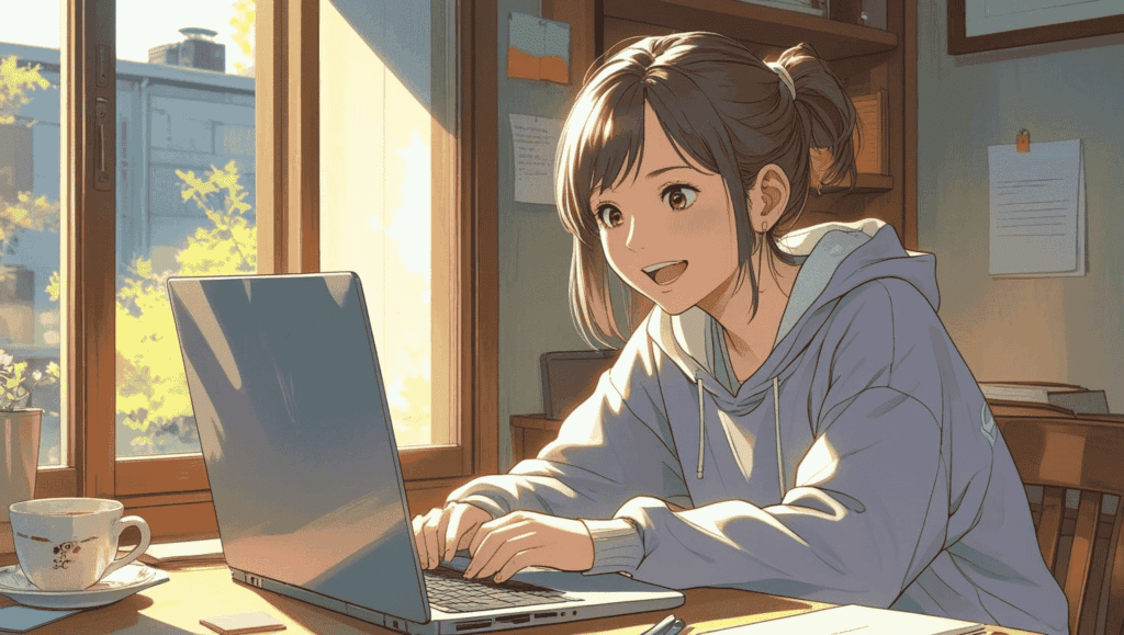 ノートパソコンに向かって作業する日本人女性。小さな成功に驚きと喜びを浮かべている。