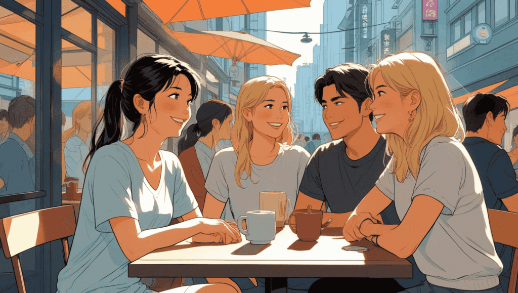 ポニーテールの日本人女性が、金髪の外国人女性と日本人大学生と会話しているカフェの言語交換イベントの風景。