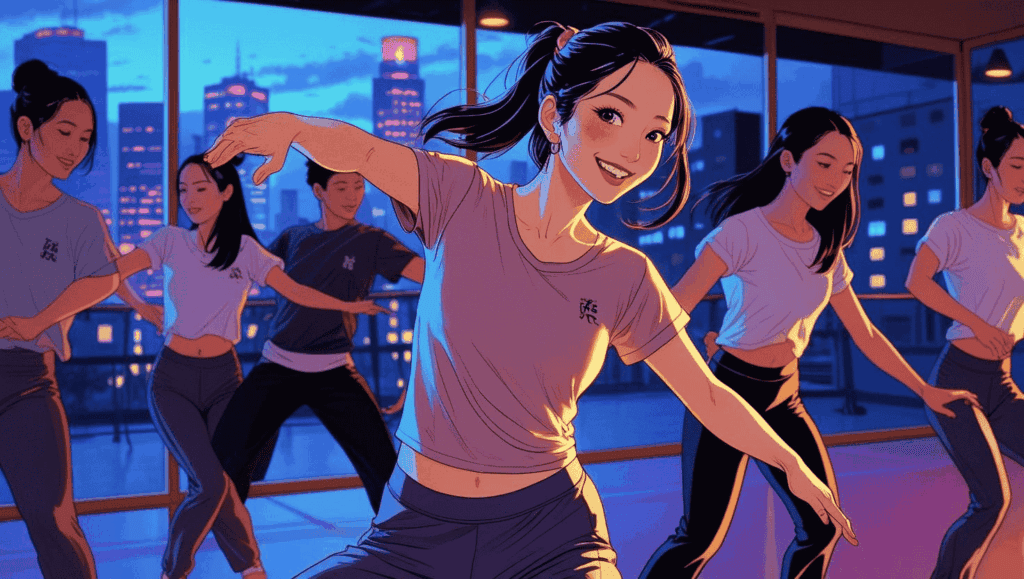 ダンススタジオでリズムに合わせて踊る、可愛らしい30代日本人女性。控えめな練習着で笑顔を見せている。