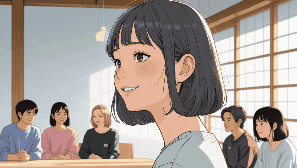 カフェテラスでプレゼン練習をする3日本人女性。仲間と会話しながら自信を深めている様子。