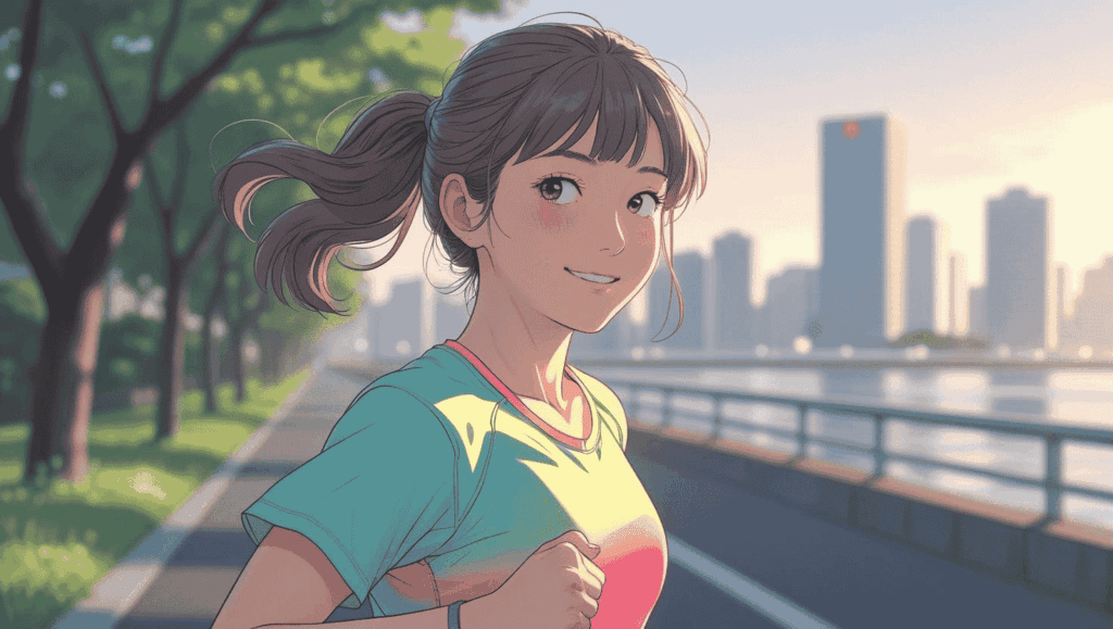 海辺の都市公園を朝ランニングする日本人女性。汗をにじませながらも前を見つめる表情。