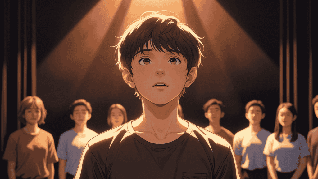 小劇場のステージ上で、感情を込めてセリフを話す17歳の日本人少年のアップ。