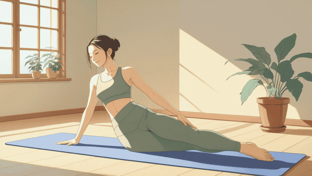 ピラティスのポーズを取りながら、穏やかに微笑む30歳の日本人女性。