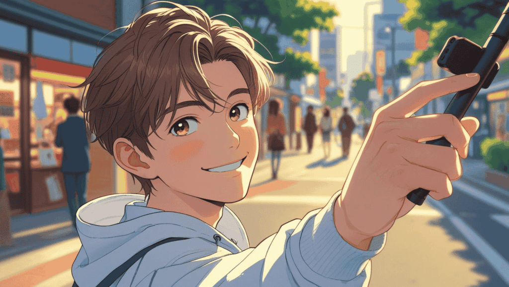 自撮り棒を右斜め上に掲げ、優しく微笑む1日本人の男の子。背景はにぎやかな都会の夕方の街。