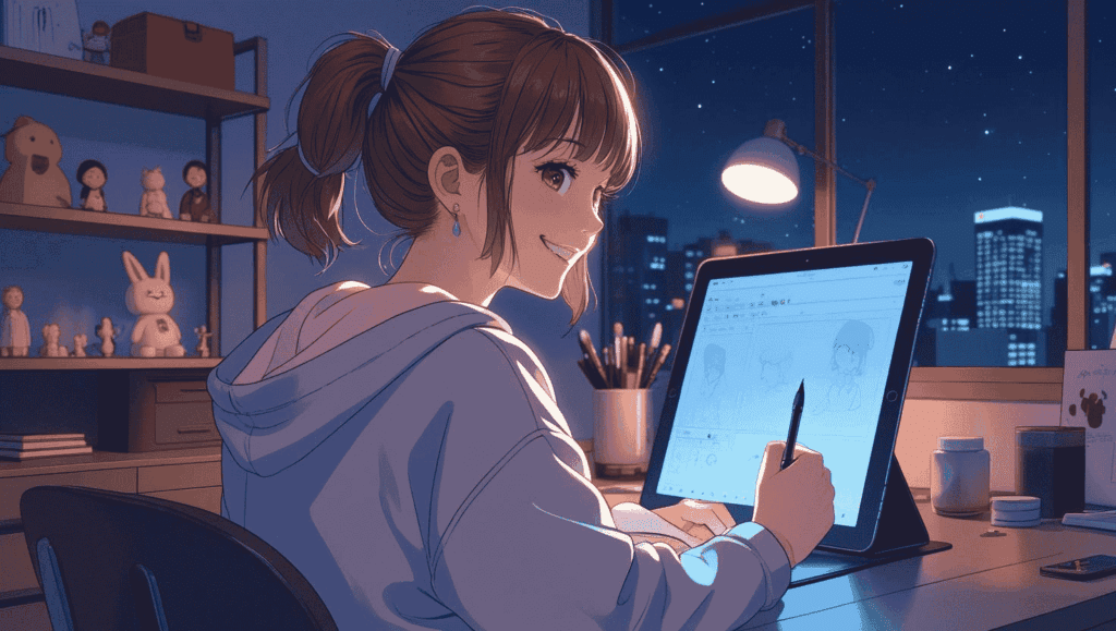 夜の自室で、楽しそうに笑みを浮かべながらデジタルアートに集中する19歳の日本人女性の横顔。