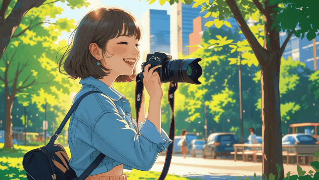 カメラを構えて片目だけ見える構図で、楽しそうに写真を撮る日本人女性。