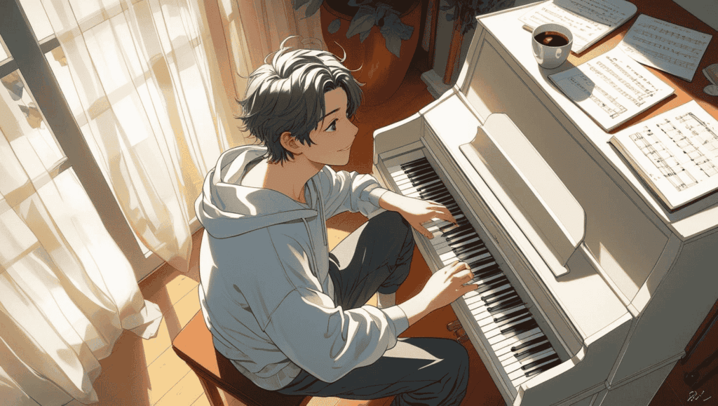 朝の静かな部屋で、白いピアノの前に座り、ノートにメロディを書き込む19歳の男の子。