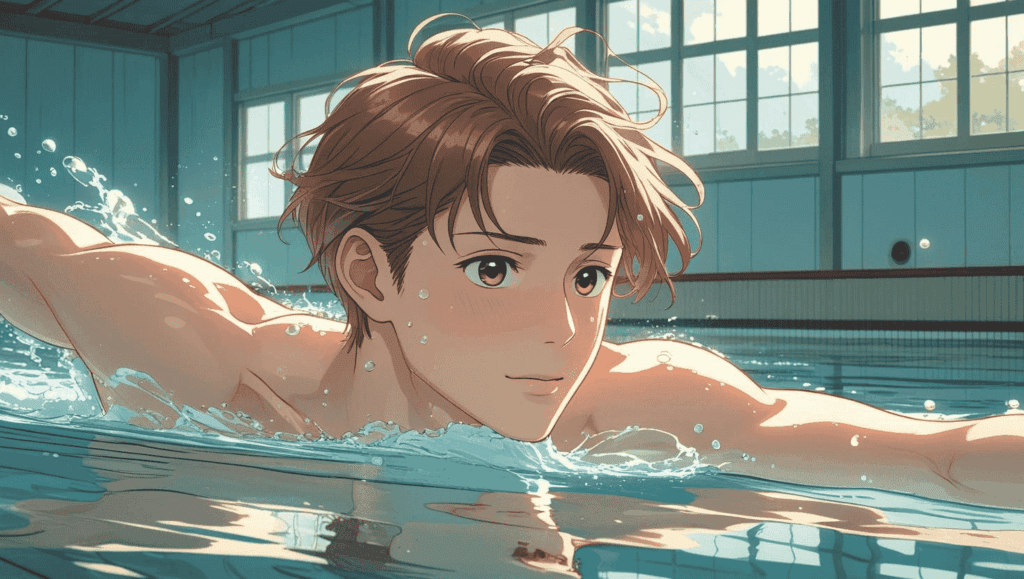 可愛らしい20歳前後の日本人男性が、室内プールでクロールをしている。水の中から横顔が見える構図で、自然光と泡が柔らかく調和している。