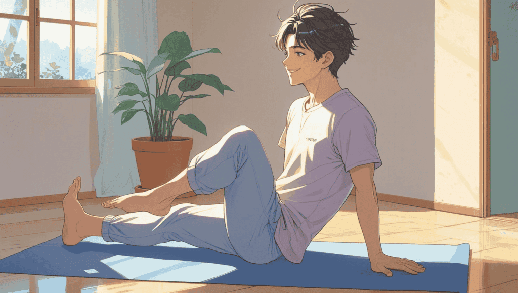 朝の光の差し込む部屋で、ヨガを楽しむ日本人男性。自然な笑顔と横顔が印象的な穏やかな空気。