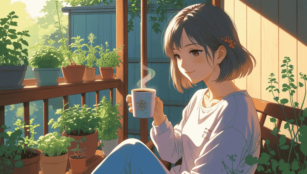 ベランダで育った植物を眺めながら、コーヒーを片手にくつろぐ20歳の日本人女性。朝のやさしい光に包まれて微笑む。
