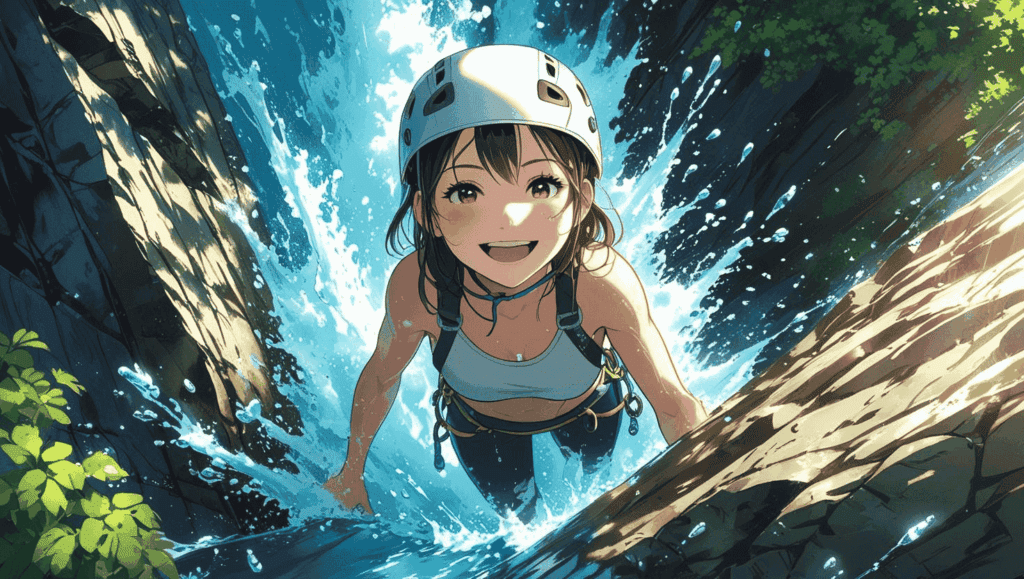 28歳の女性が、安全装備を着けて滝を登るシャワークライミング中。水しぶきが舞う中、決意と楽しさが混じった表情で岩を登っている様子。上空からの視点で撮影。