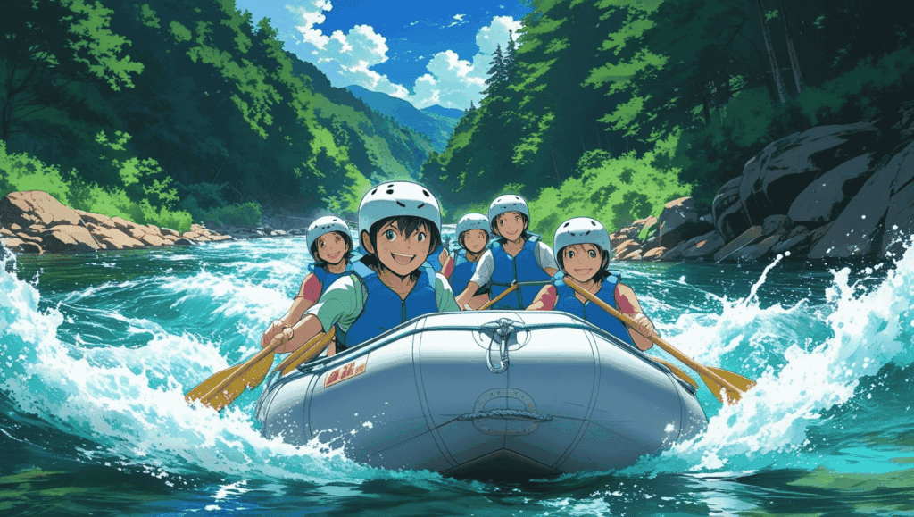 アニメ風のラフティング風景。澄んだ川を進むボートに乗った男性が、笑顔で水しぶきを浴びている。背景には青空と緑、自然の躍動感があふれる。