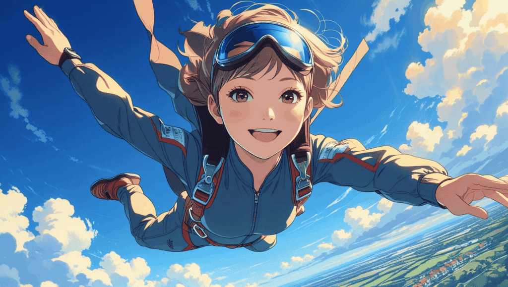 スカイダイビング中、右斜め上から見た視点でこちらを見つめる17歳の女性