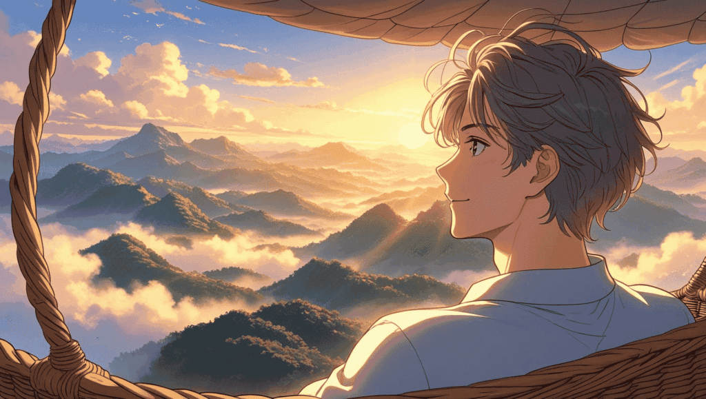 気球のバスケットから朝焼けの風景を見つめる20歳男性のイラスト。柔らかな光に包まれた穏やかな空気感。