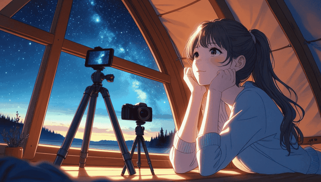 「シェル型コテージの窓辺で、星空を眺めながらうっとりとした表情を浮かべる17歳の少女。外にはタイムラプス用のカメラが三脚にセットされ、静かな夜のグランピング風景。」