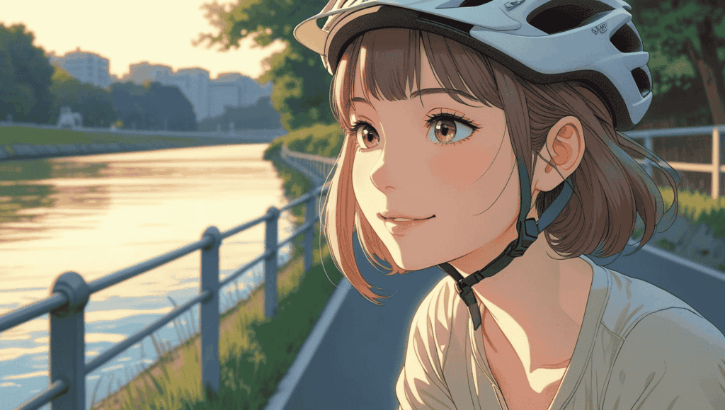 ロードバイクに乗って早朝の川辺を走る20歳前後の日本人女性。横顔中心に、風になびく髪とほほえみが爽やかに描かれている。
