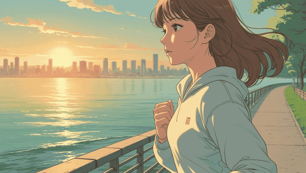 都会の海沿いを朝にランニングする20代前後の女性。胸元に手を添えて走りながら、鼓動を感じるような表情を浮かべ、柔らかな朝日が彼女を包んでいる。